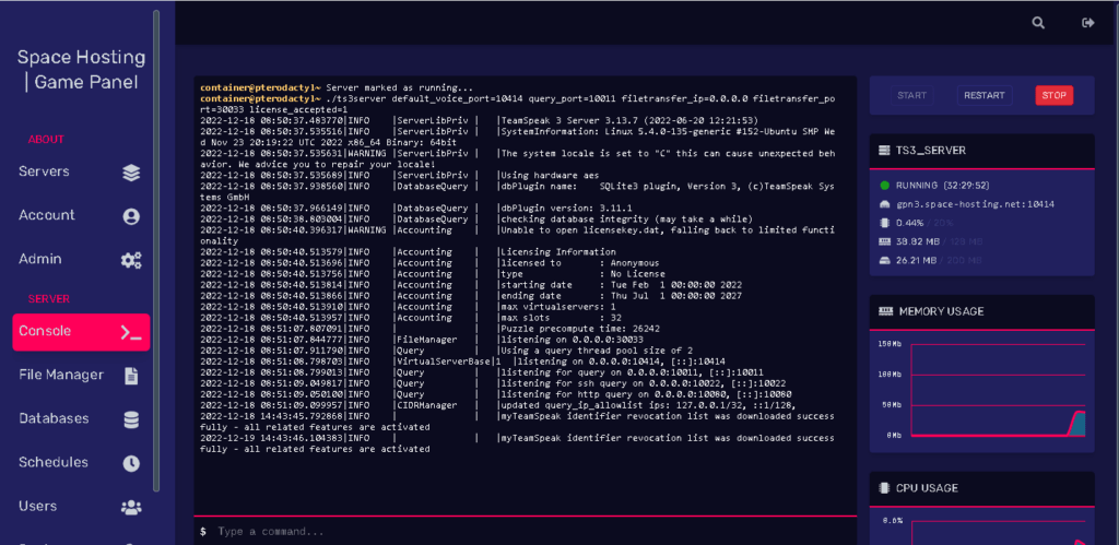 space hosting server game panel