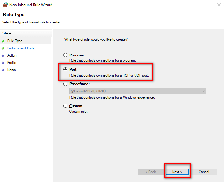 select Rule Type in windows firewall