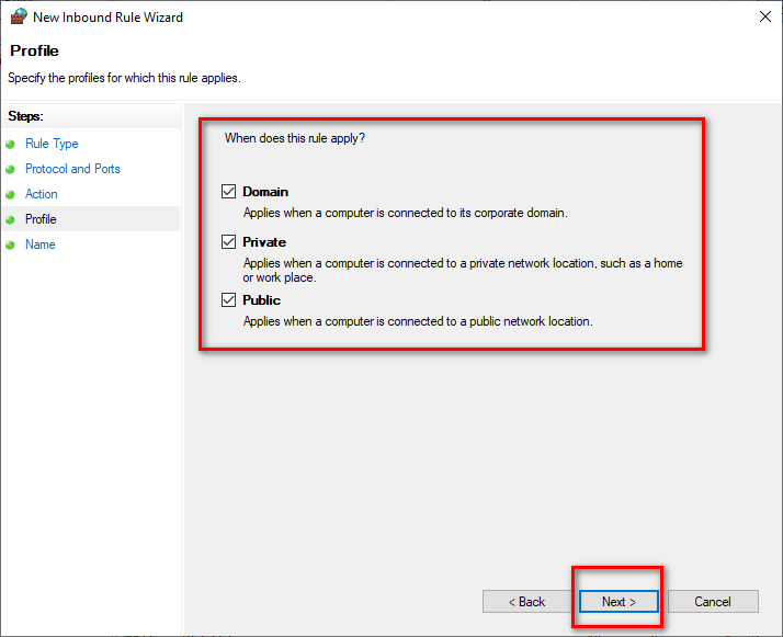 windows firewall port public private settings