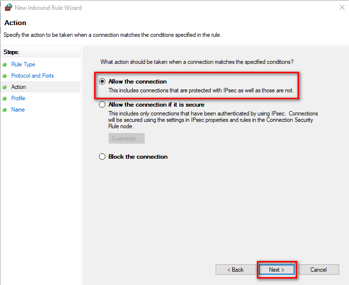 allow connection on specific port in windows firewall