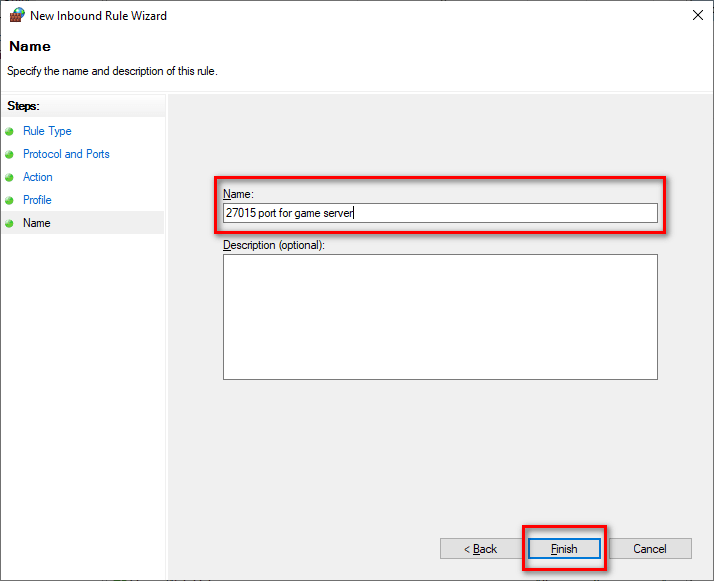 Specify a name for this rule in windows firewall