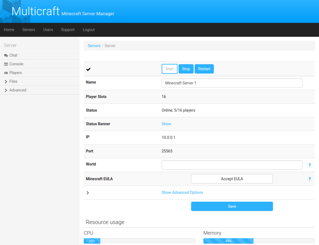 multicraft game panel