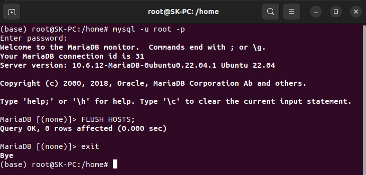exit mysql after executing flush hosts in mysql